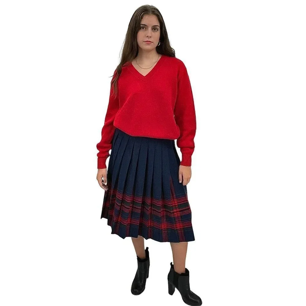 Vintage Pendleton Wool Skirt Pleated Accordion Midi Length Navy Red Plaid | 6 P